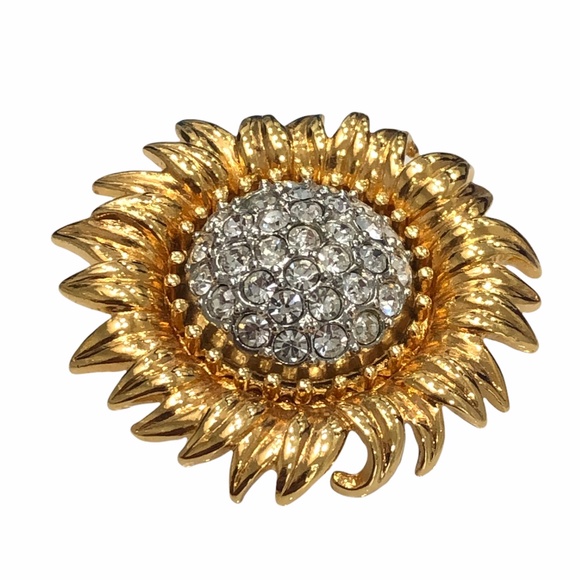 JOAN RIVERS GOLDEN SUNFLOWER BROOCH WITH PAVE CLEAR CRYSTAL CENTER - Picture 11 of 16
